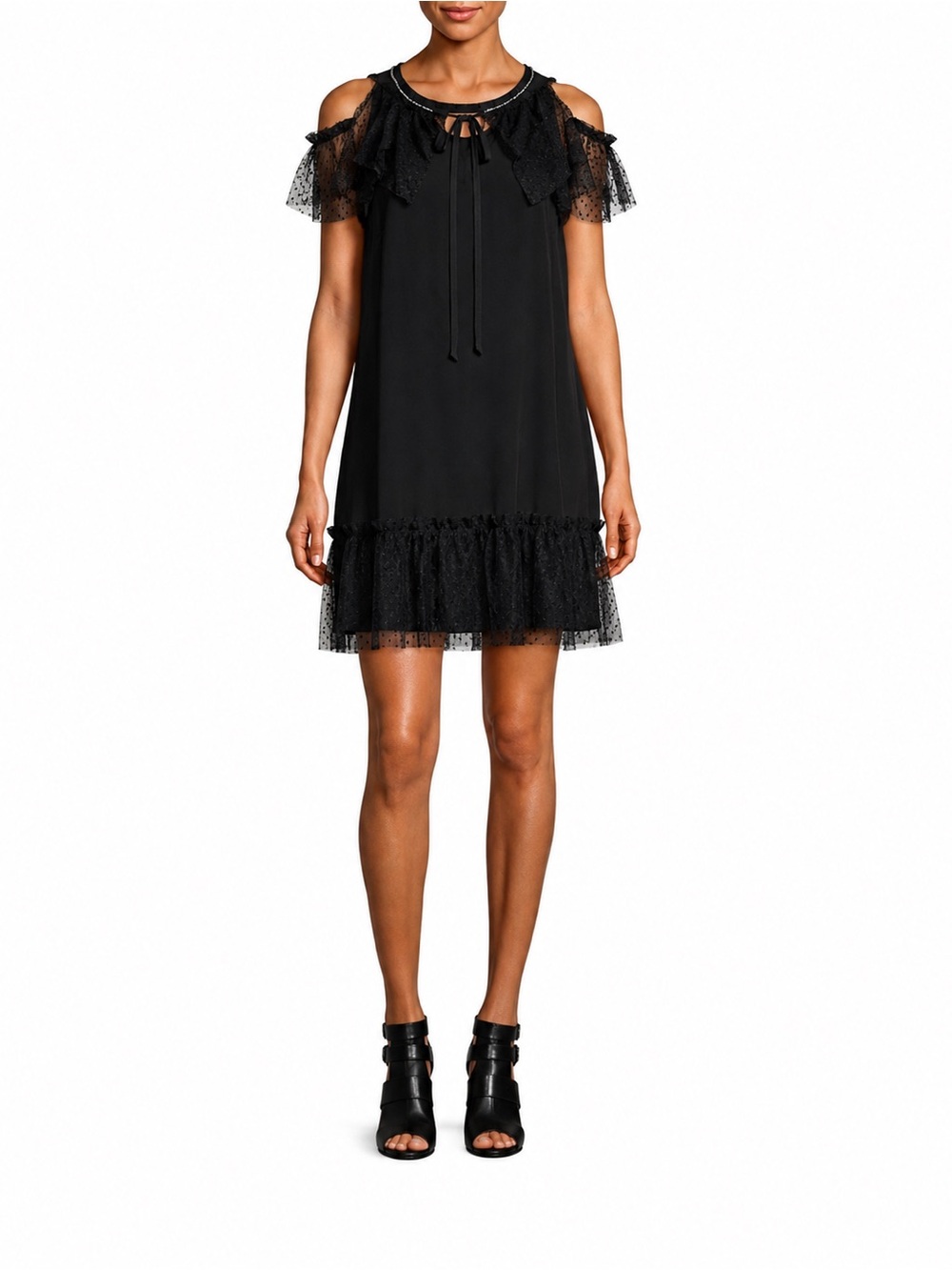 Libby Edelman Black Cold-Shoulder Layered Chiffon Dress NWOT